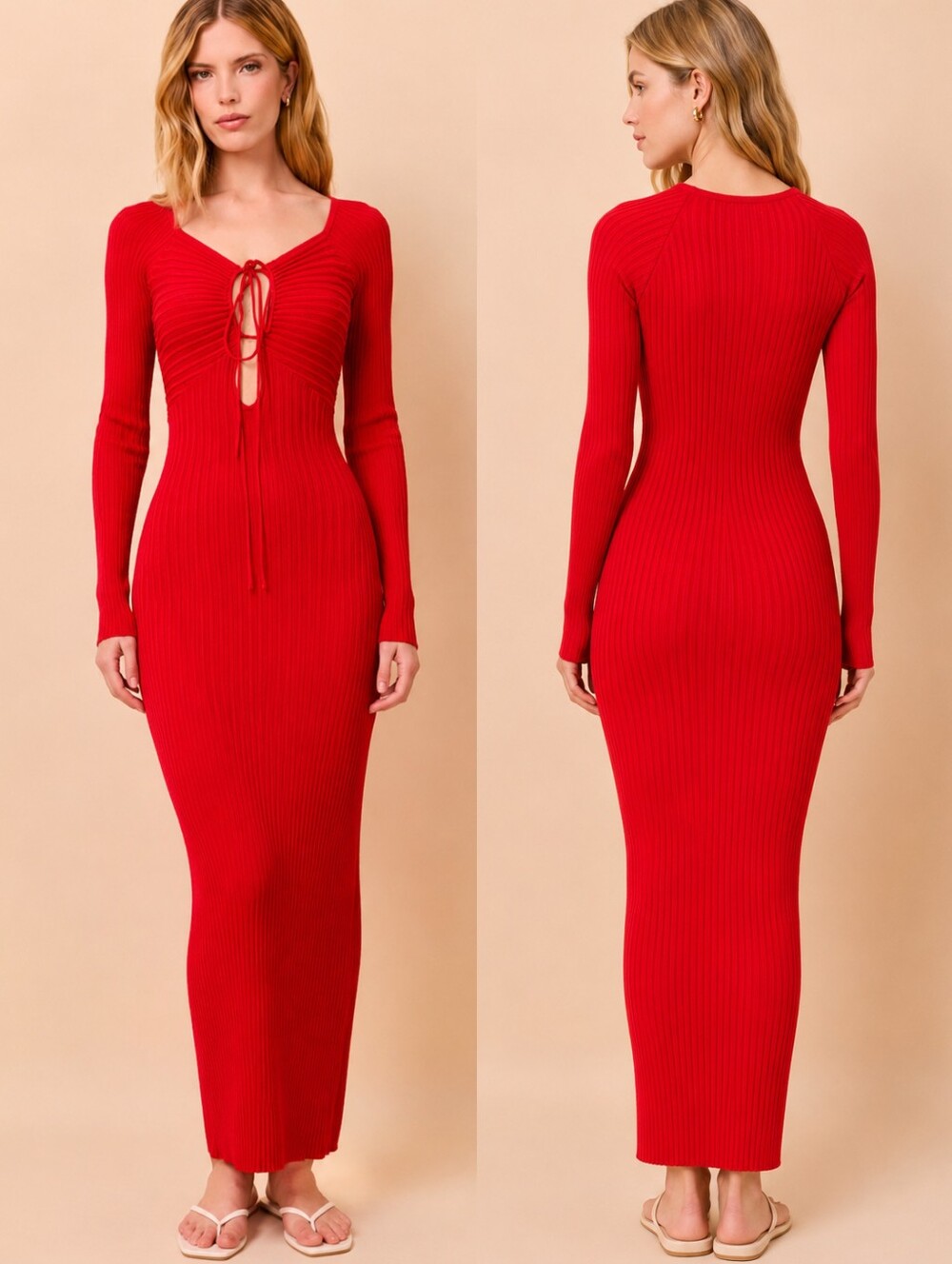 SOLID & STRIPED Red Ribbed Tie Front Bodycon Fitted Maxi Dress